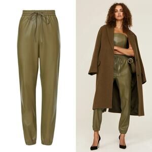 Natori Faux Leather Joggers Pants Pull On Elastic Drawstring Waist Olive XS